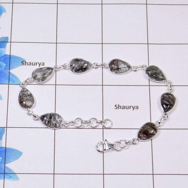 Black Rutile Bracelet E - SBB889-Direct Factory Made Black Rutile 925 Sterling Silver Handmade Bezel Set Wholesale Bracelet