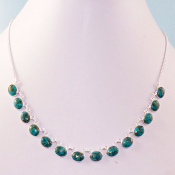 18 inch Blue Copper Turquoise Cab Corundum I - SCN983- Cab Solid 925 Sterling Silver Bezel Chain Necklace