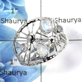 Rainbow Moonstone Cab E - SCR765 - Natural Rainbow Moonstone Gemstone 925 Sterling Silver Casting Design Ring
