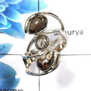 Turtella Jasper & Black Rutile Cab P - SCR771 - Latest Collection Solid 925 Sterling Silver Casting Design Ring
