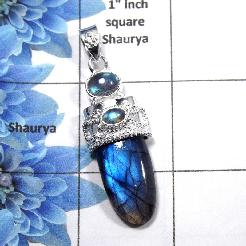 Labradorite Cab - E SD409 - Natural Blue Fire Labradorite Gemstone Designer Pendant 925 Sterling Silver