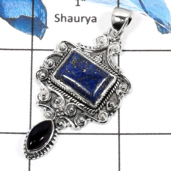 Lapis Lazuli & Black Onyx E - SD430-Exclusive Two Stone Handmade Designer Pendants 925 Sterling Silver