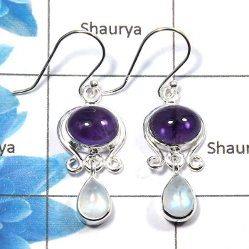 Amethyst & Rainbow Moonstone - B SDE527 - Natural Amethyst & Rainbow Moonstone Gemstone 925 Silver Designer Earrings