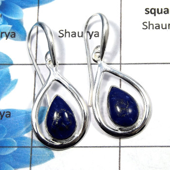 Lapis Cab - O SDE533 - Exclusive Natural Blue Lapis Gemstone Solid 925 Sterling Silver Designer Earrings