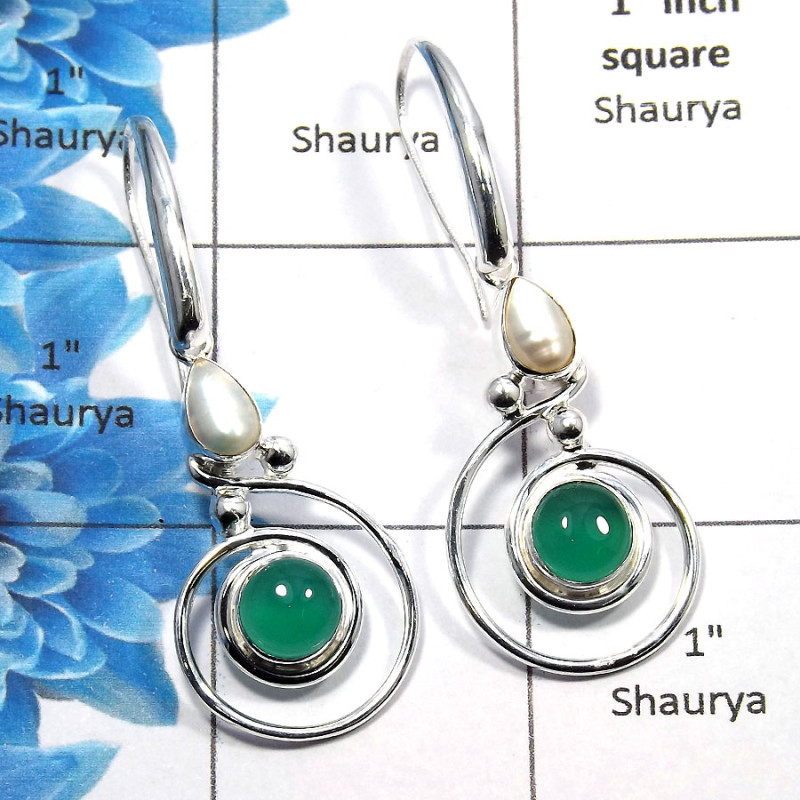Green Onyx & Pearl Cab - A SDE534 - Natural Green Onyx & Pearl Cab Gemstone 925 Sterling Silver Designer Earrings