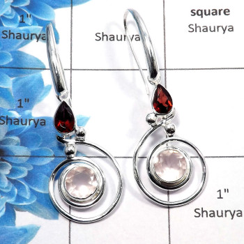 Rose Quartz & Garnet Cut - E SDE534 - Solid 92.5% Sterling Silver Natural Rose Quartz & Garnet Gemstone Designer Earrings