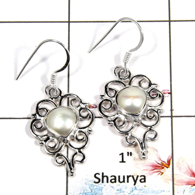 Pearl Cab - G SDE541 - Natural White Pearl Cabochon Gemstone 925 Sterling Silver Designer Earrings