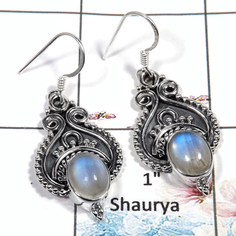 Rainbow Moonstone Cab - O SDE545 - Blue Fire Rainbow Moonstone Solid 925 Silver  Designer Earrings