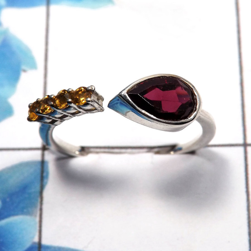 Garnet Cut & Citrine Cut I - SDR480 - Natural Garnet & Citrine Cut Gemstone 925 Sterling Silver Light Weight Casting Ring