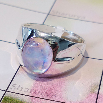 Rainbow Moonstone Cab -SMR999-A Blue Flashy Rainbow Moonstone 925 Sterling Silver Casting Mens Ring