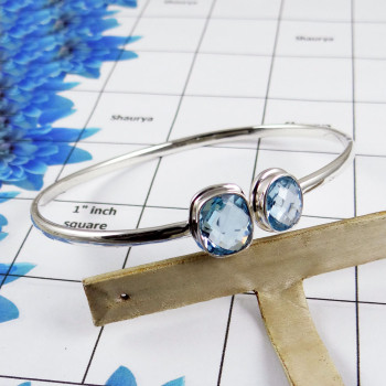 Blue Topaz Bangle - SNB978-Faceted Blue Topaz 925 Sterling Silver Two Stone Adjustable Bangle