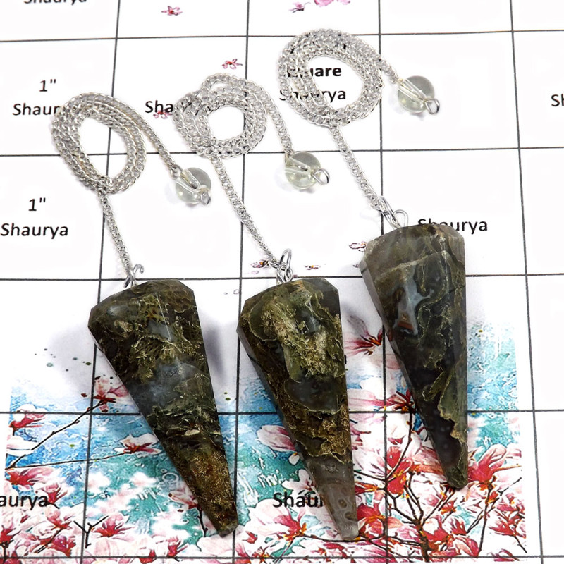 3 pcs Moss Agate - O SPU998 - Superb Moss Agate Gemstone Brass Silver Plated 3 Pcs Pendulum Lots