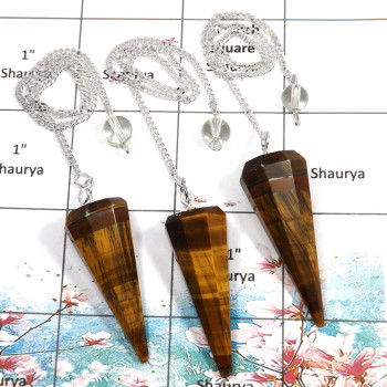 3 pcs Tiger Eye - J SPU999 - Natural Brown Tiger Eye Gemstone Brass Silver Plated 3 Pcs Pendulum Lots