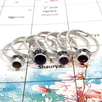Amethyst & Citrine Cut - D STK923 - Indian Factory Made Solid 925 Sterling Silver Flower Design 7 Pcs Stacking Ring