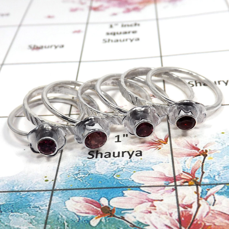 Garnet Cut - H STK925 - Latest Collection Solid 92.5% Sterling Silver Flower Design 7 Pcs Stacking Ring