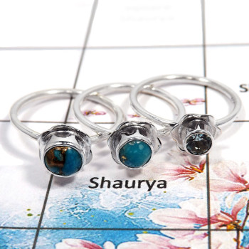 Blue Copper Turquoise Cab & Blue Topaz Cut - J STK930 - Blue Copper Turquoise & Blue Topaz Stone 925 Silver Flower Design Stacki