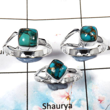 Blue Copper Turquoise Cab - E SVP795 - Stunning Look Made Turquoise Gemstone Solid 92.5% Silver 3 Pcs Ring