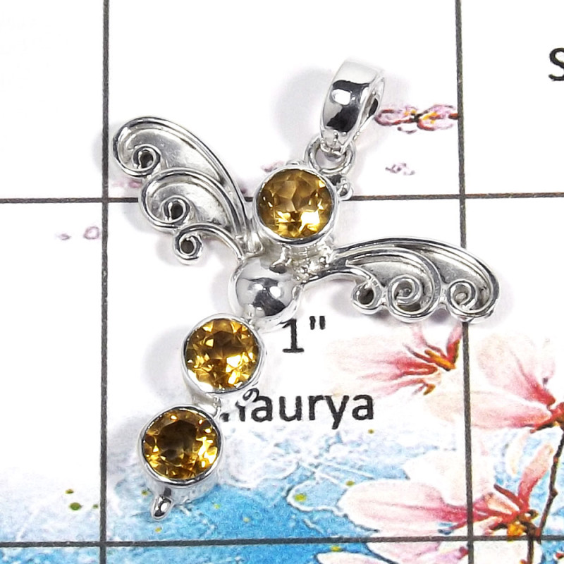 Citrine Cut - I SWP999 - Natural Yellow Citrine Cut Gemstone 925 Sterling Silver Guardian Wings Pendant
