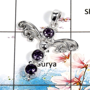 Amethyst Cut - O SWP999 - Latest Collection Amethyst Cut Gemstone 925 Sterling Silver Guardian Wings Pendant
