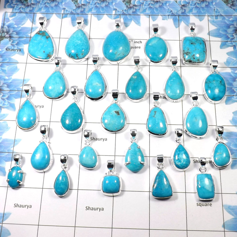 100 Gram Assorted Arizona Turquoise - W2H977-Assorted Natural Arizona Turquoise 925 Sterling Silver Wholesale Pendant Lot 15 to