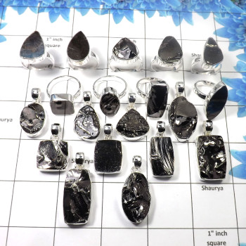 Shungite Combo Lot  - W2H982-Genuine Shungite Gemstone Solid 925 Sterling Silver 10 pcs Pendant 9 Pcs Ring Combo Lot