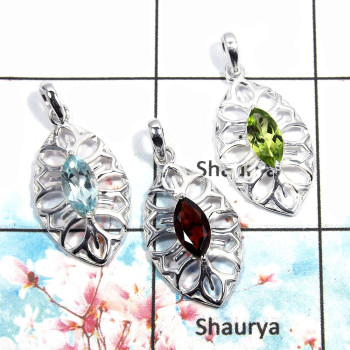 Blue Topaz, Garnet & Periodt - A WSP992 - Solid 925 Silver Bezel Set 3Pcs Combo Value Pack Pendant Lot