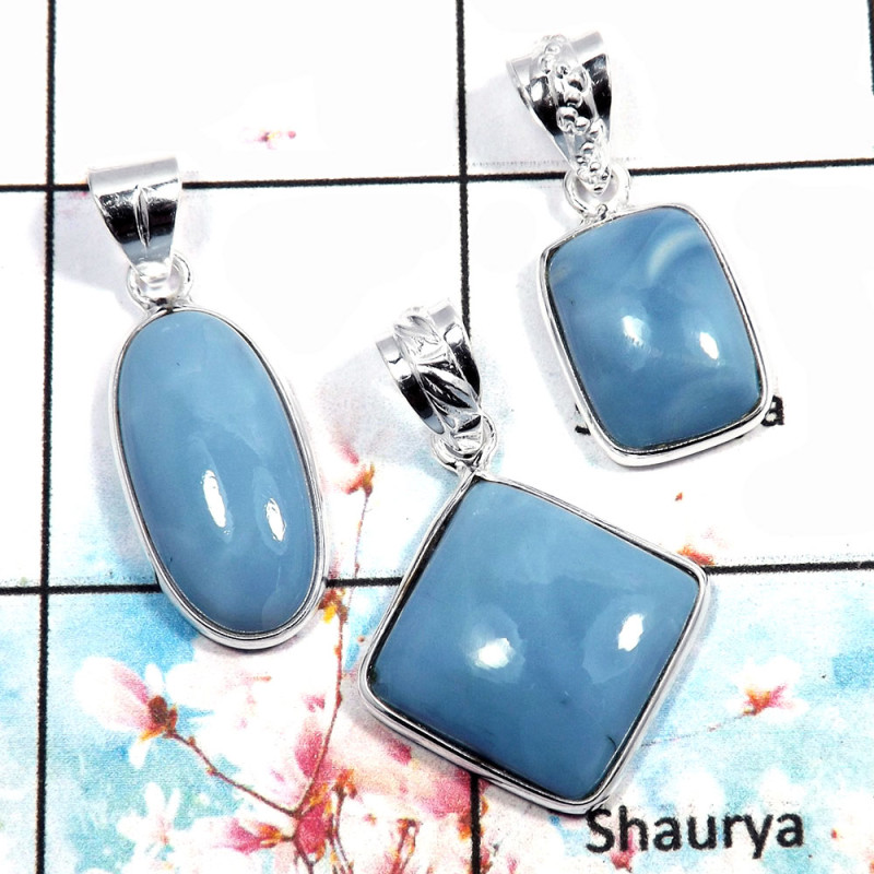 Blue Opal - G WSP992 - Indian Factory Made 925 Silver Bezel Set 3Pcs Combo Value Pack Pendant Lot