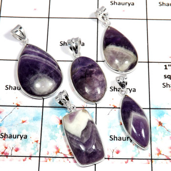 Chevron Amethyst - O WSP994 - Solid 92.5% Sterling Silver 5 Pcs. Combo Value Pack Pendant Lot