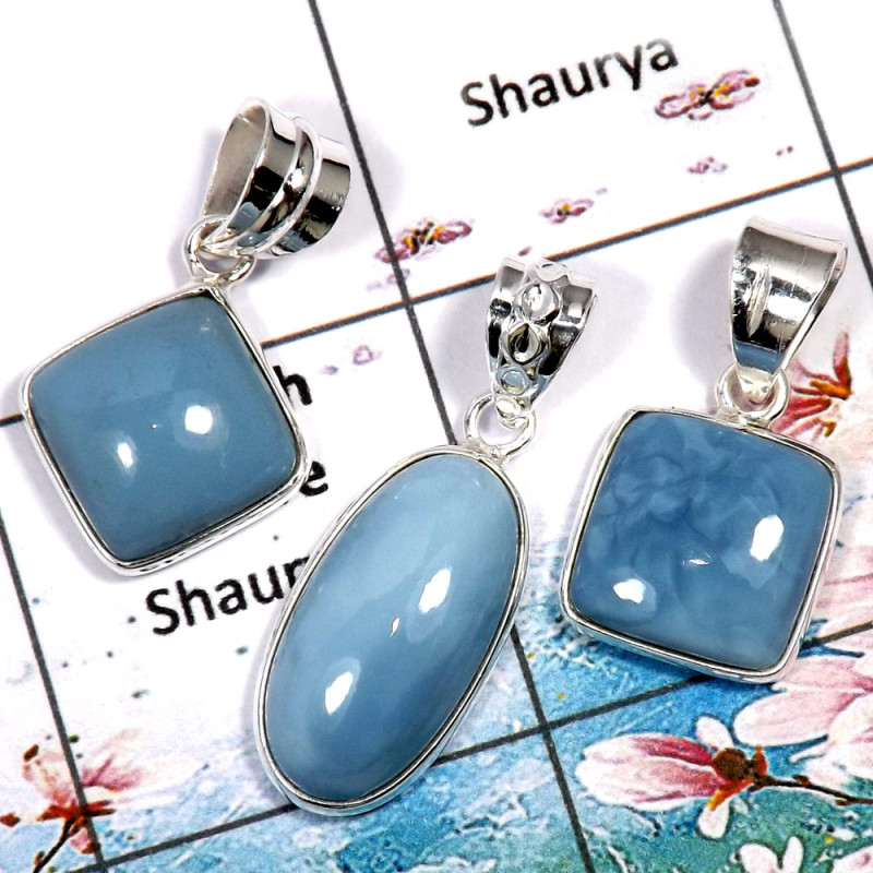 Blue Opal -C WSP997 -925 Sterling Silver Bezel Set 3 Pcs Combo Lot Pendant