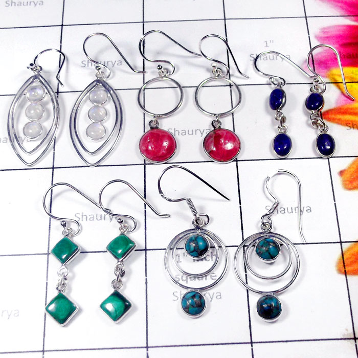 5 Pair Multi Cab Gemstone A - SVP978-Semiprecious Gemstone 925 Manufacturer Bejal Earrings