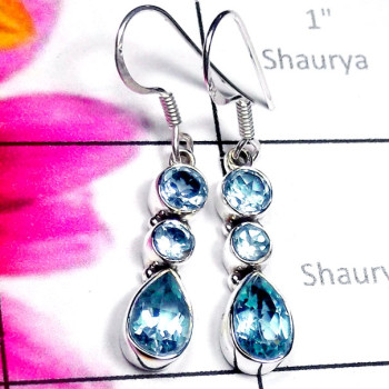 Blue Topaz E - SDE905-Exclusive Silver Three Gemstone Stunning Earring
