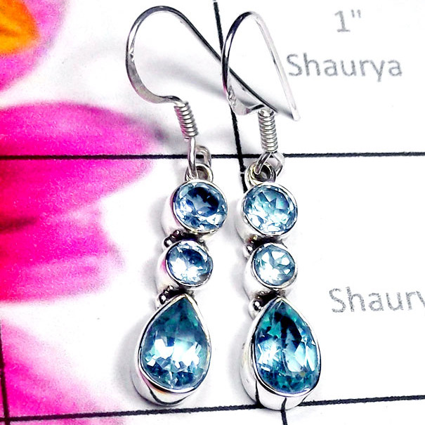 Blue Topaz E - SDE905-Exclusive Silver Three Gemstone Stunning Earring