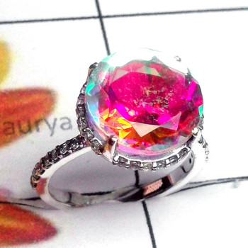 Rainbow Mystic C - SFR996-Lightweight Cut Gemstone n CZ Sterling Silver Fine Ring