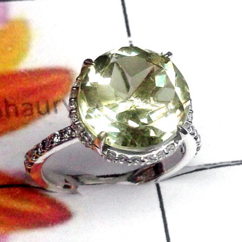 Green Amethyst G - SFR996-Lightweight Cut Gemstone n CZ Sterling Silver Fine Ring