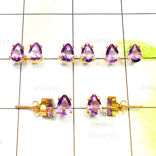 6x9mm Amethyst C - SGE967-5 Pair Cut 925 Sterling Silver Gold Plated Vermeil Stud