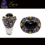 Black onyx cab F - FBJ997-925 Silver Oxidised Two Tone Filigree Bali Ring