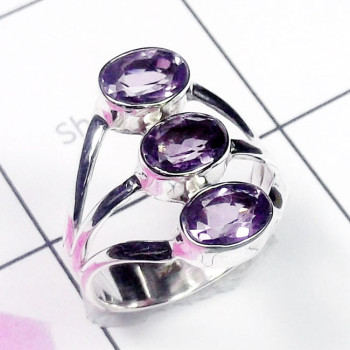 Amethyst C - PSR939-Three Stone 925 Plain Silver Wholesale Ring