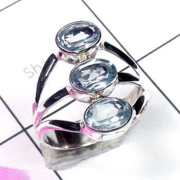Blue Topaz F - PSR939-Three Stone 925 Plain Silver Wholesale Ring