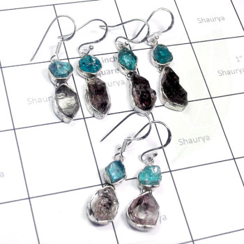 Herkimer Diamond O - RGE981-Rough with Cab Gemstone 3 Pair 925 Silver Lightweight Ear