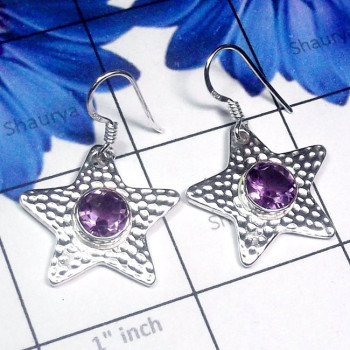 Amethyst A - CES968-925 Sterling Silver Cut Gemstone Star Design Earring