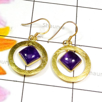 Amethyst A - SGE962-Cab Amethyst with 925 Silver Gold Plated Vermeil Earring Amethyst A - SGE962-Cab Amethyst with 925 Silver Gold Plated Vermeil Earring