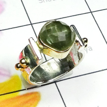 Green Amethyst A - STR974-925 Silver with Brass Cut n Cab Gemstone Two Tone Ring