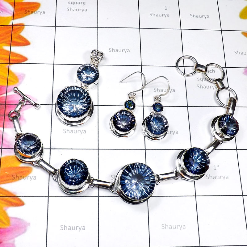 3 Pcs Set Blue Mystic A - SCS990-Blue Mystic n Rainbow Mystic Cut Gemstone 925 Silver Whol