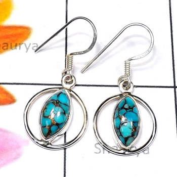 Blue Copper Turquoise O - SDE836-Cab Gemstone Made in 925 Silver Lightweight Designer Earr