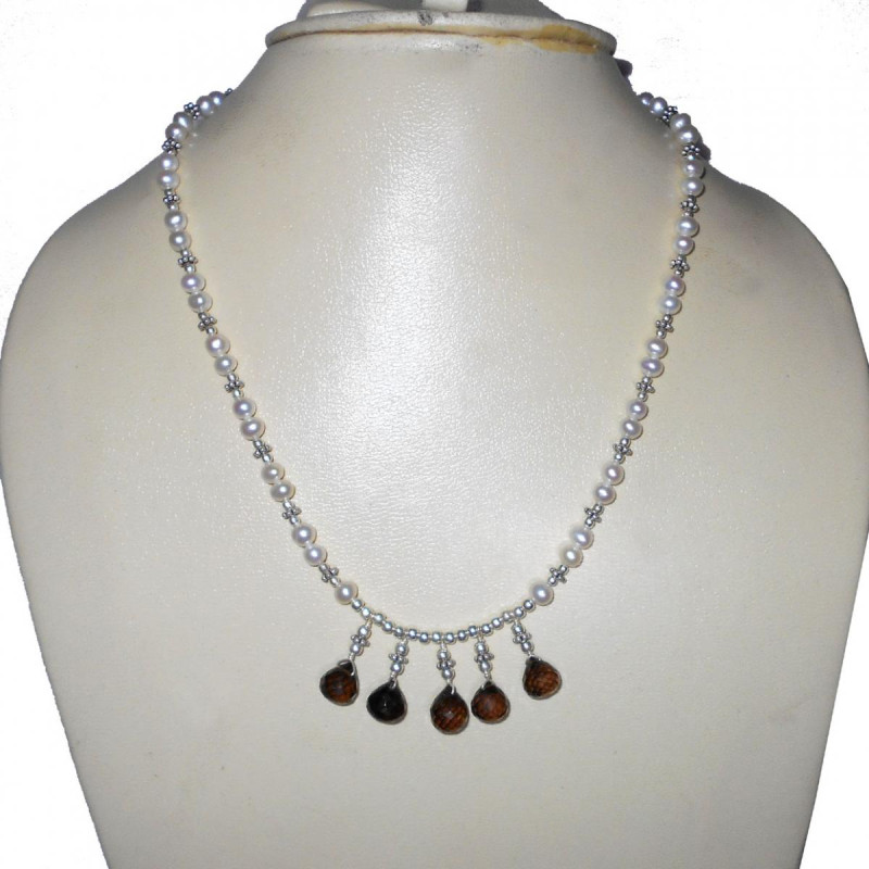 Pearl cab O - BDN989-Beautiful white Pearl with 925 sterling silver beads Neck