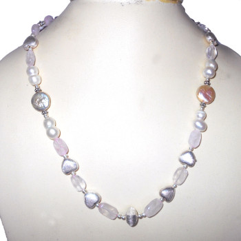 Rose quartz, Pearl B - BDN985- Rose quartz gems with Silver Beads wholesale