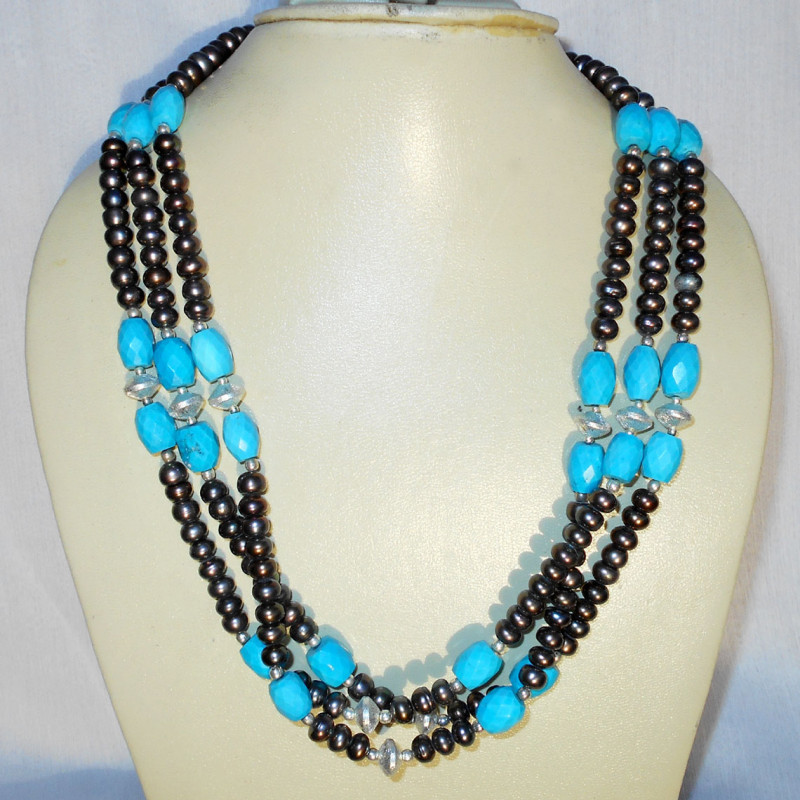 Pearl, Blue Turquoise E - BDN975- 925 Sterling silver with Beads fashion necklaces collect