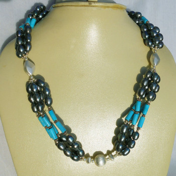 Pearl, Turquoise Blue F - BDN975- 925 Sterling silver with Beads fashion necklaces collect