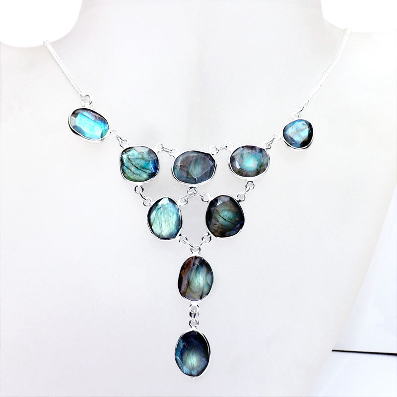 18 inch Labradorite Cut B - SCN992-Sterling 925 Silver 18 inch Bezel Setting Cut Gemstone Ch