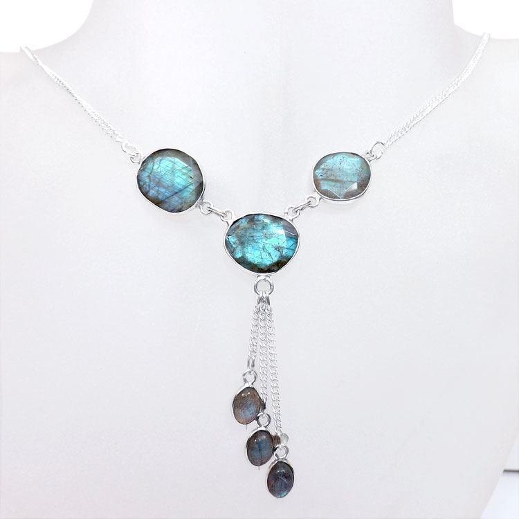 18 inch Labrodorite Cut I - SCN991-18 inch Fancy Chain Necklace 925 Sterling Silver with Gen